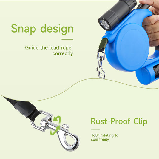 Dog Lead with Anti-Slip Handle, 3-in-1 Pet Leash with Waste Bag Dispenser, 5M, 16FT Strong Nylon Tape, Up To 20 KG, One-Handed Brake, Pause, Lock, Ideal for Walking Running Training, Black/Blue/Grey